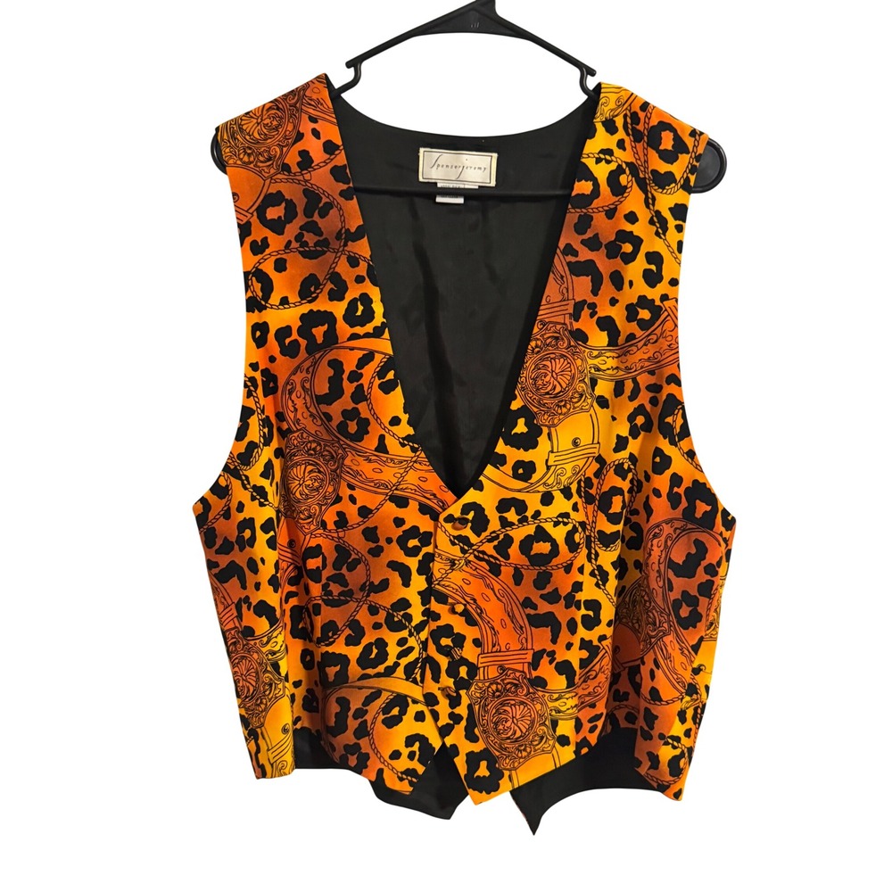 Spenser Jeremy Silk Vest Orange Black Leopard Chain Print Vintage Size Medium